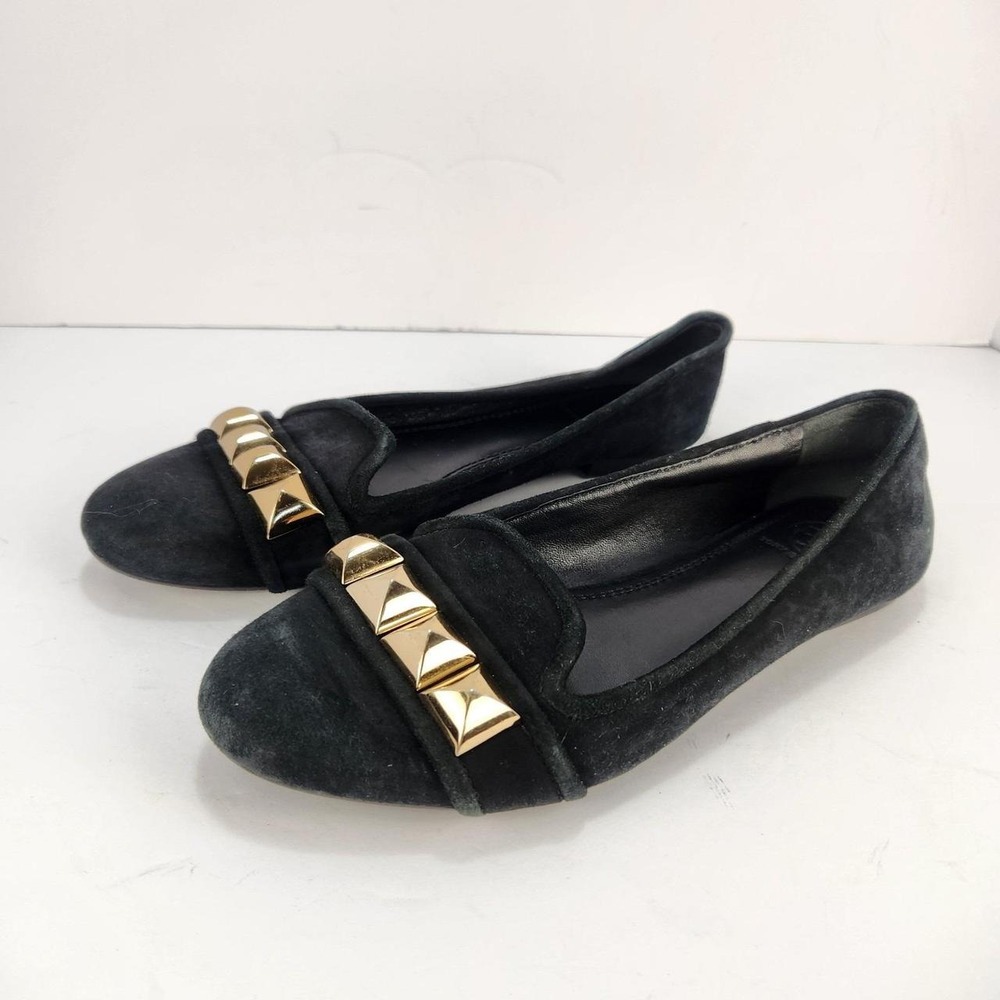 Tory Burch Women's 6.5M Black Suede Asher Studded Ballet Flats Gold Hardware